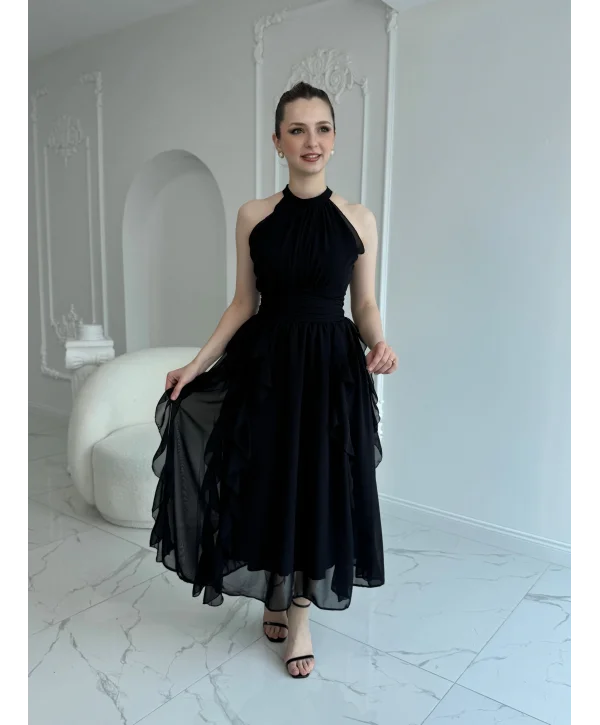 Önü Büzgülü Eteği Fırfırlı Siyah Şifon Elbise