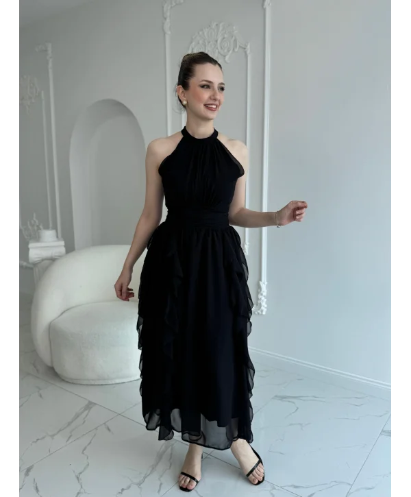 Önü Büzgülü Eteği Fırfırlı Siyah Şifon Elbise