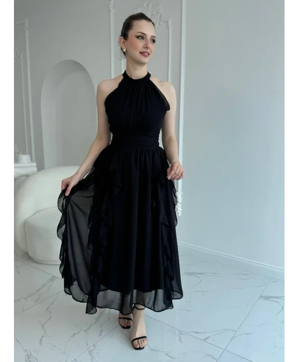 Önü Büzgülü Eteği Fırfırlı Siyah Şifon Elbise