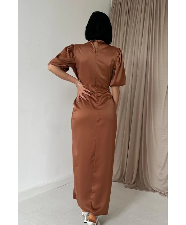 Önü Büzgülü Kahve Saten Elbise