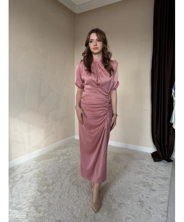 Önü Büzgülü Saten Gül Kurusu Elbise