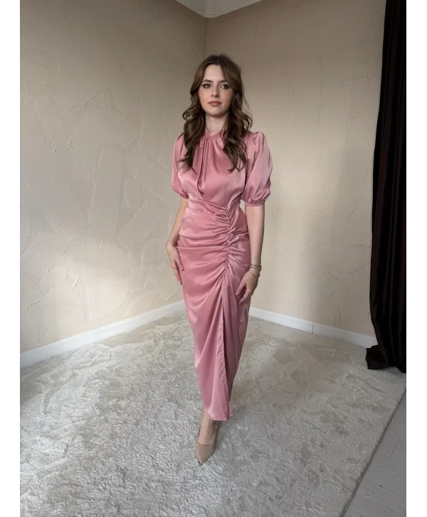 Önü Büzgülü Saten Gül Kurusu Elbise