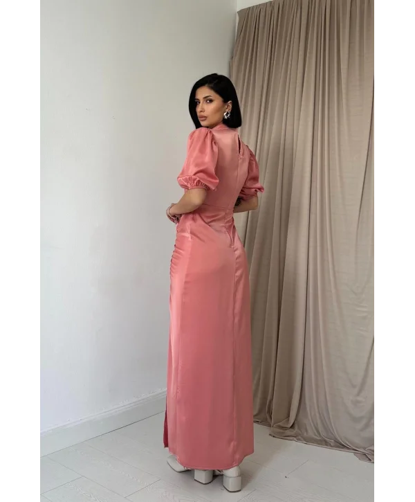 Önü Büzgülü Saten Gül Kurusu Elbise