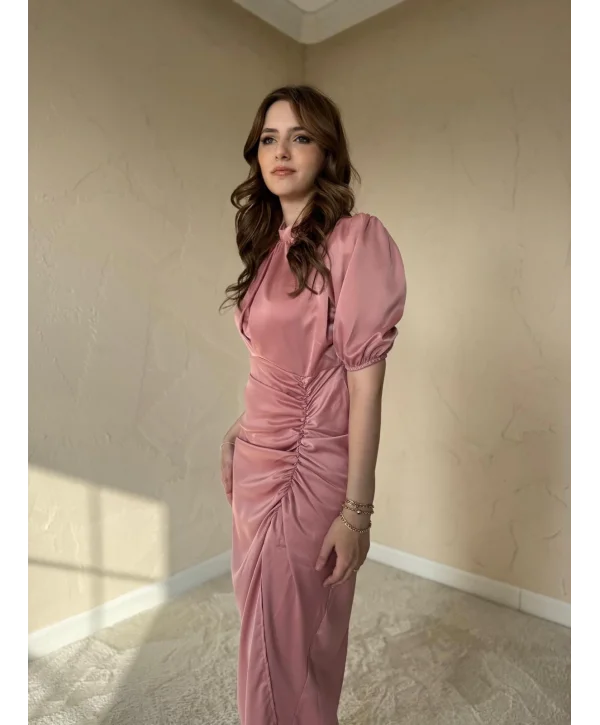 Önü Büzgülü Saten Gül Kurusu Elbise