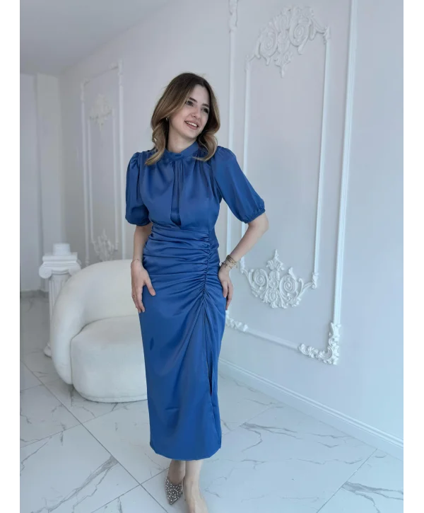 Önü Büzgülü Saten İndigo Elbise