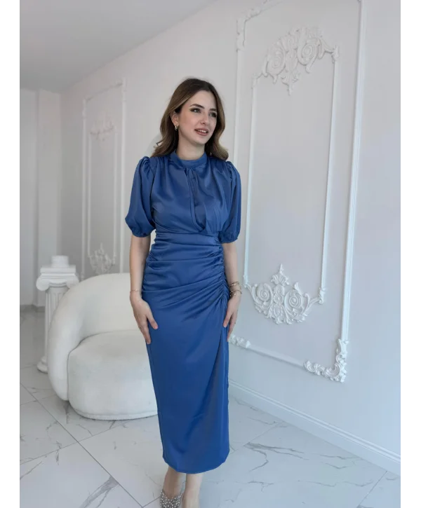 Önü Büzgülü Saten İndigo Elbise