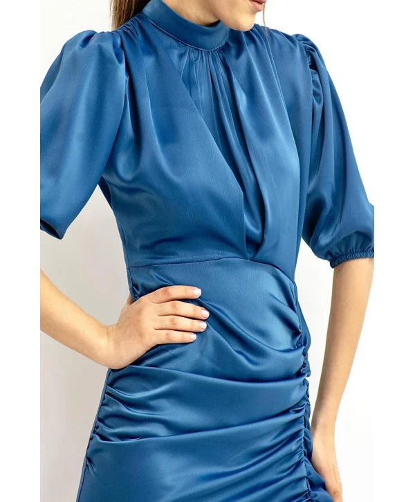 Önü Büzgülü Saten Mavi Elbise
