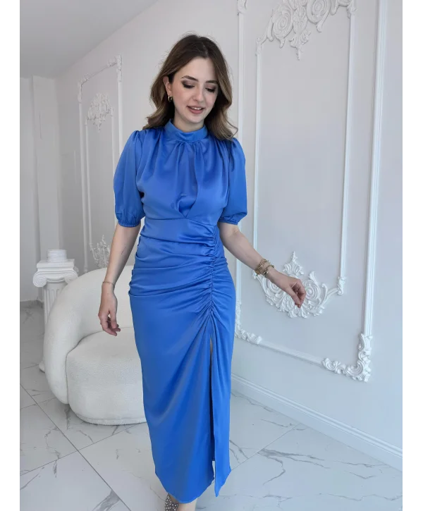 Önü Büzgülü Saten Mavi Elbise
