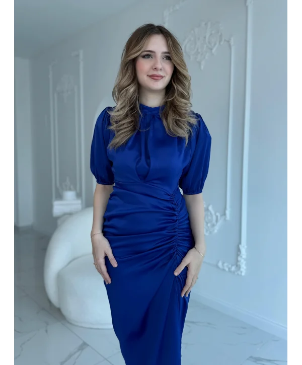 Önü Büzgülü Saten Saks Elbise