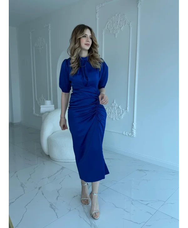Önü Büzgülü Saten Saks Elbise