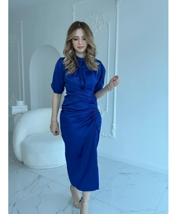 Önü Büzgülü Saten Saks Elbise