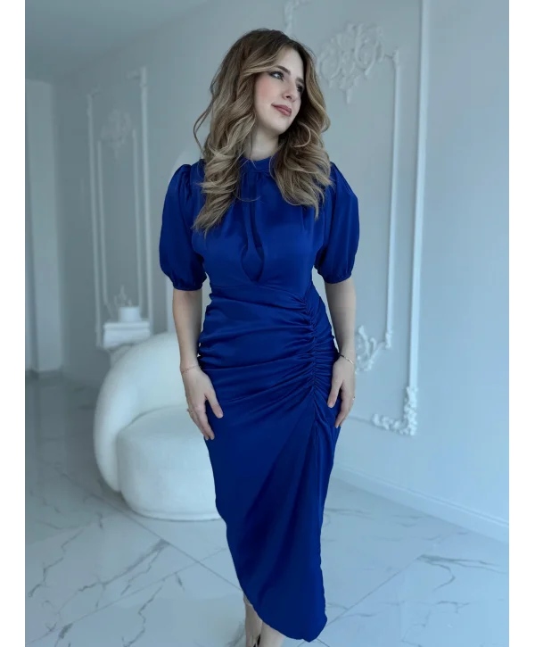 Önü Büzgülü Saten Saks Elbise