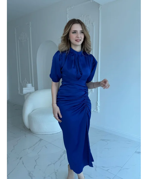 Önü Büzgülü Saten Saks Elbise