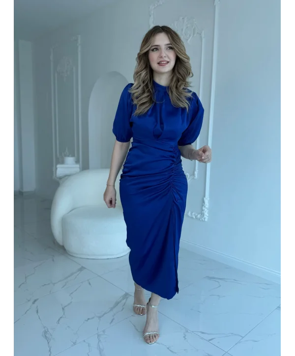 Önü Büzgülü Saten Saks Elbise