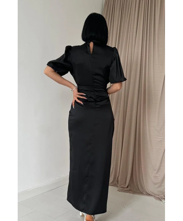 Önü Büzgülü Saten Saks Elbise