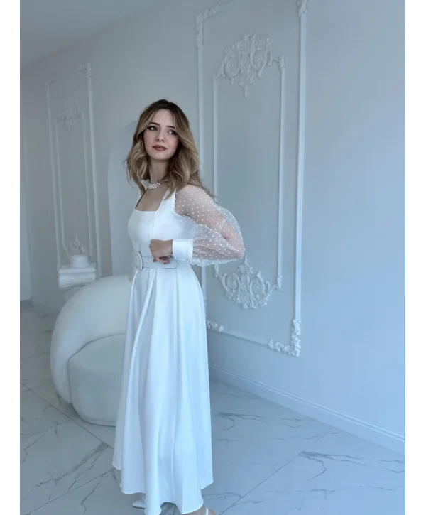 Organze Tül Puantiye Kol Beyaz Elbise