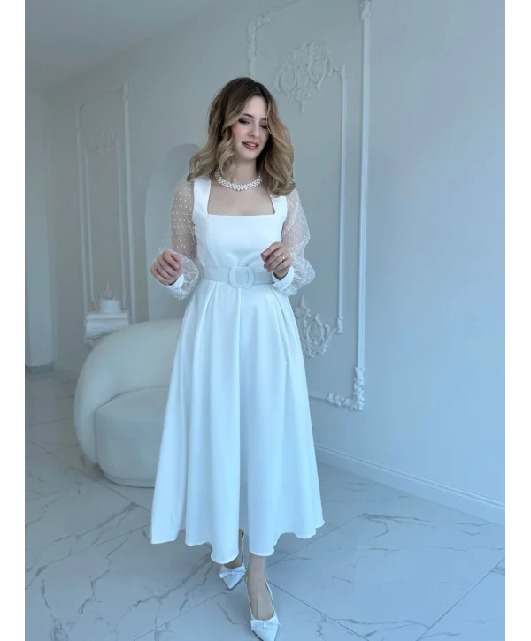 Organze Tül Puantiye Kol Beyaz Elbise