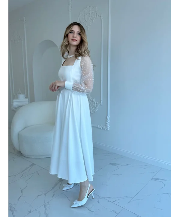 Organze Tül Puantiye Kol Beyaz Elbise