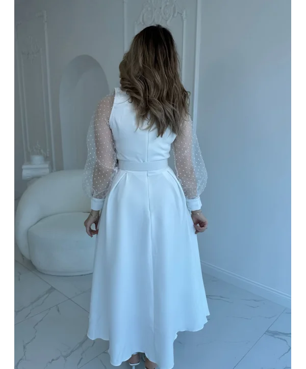 Organze Tül Puantiye Kol Beyaz Elbise