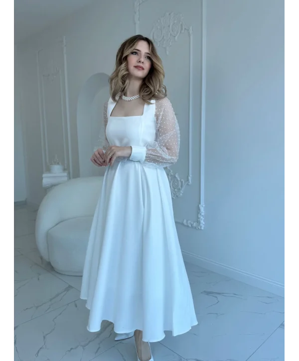 Organze Tül Puantiye Kol Beyaz Elbise