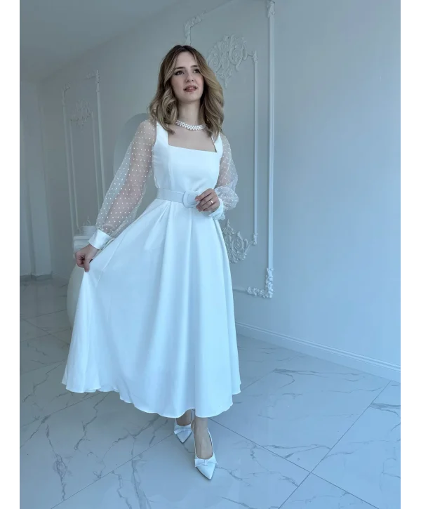 Organze Tül Puantiye Kol Beyaz Elbise