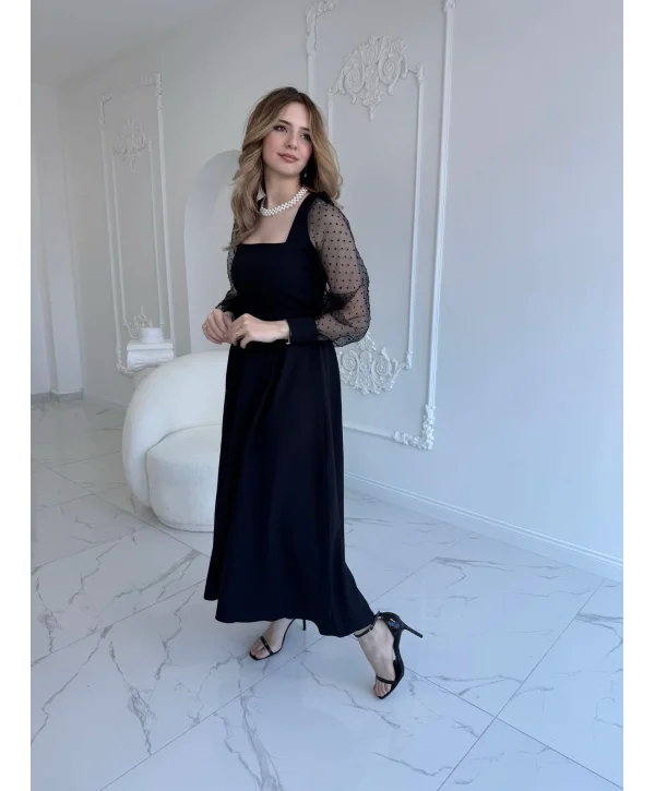 Organze Tül Puantiye Kol Siyah Elbise