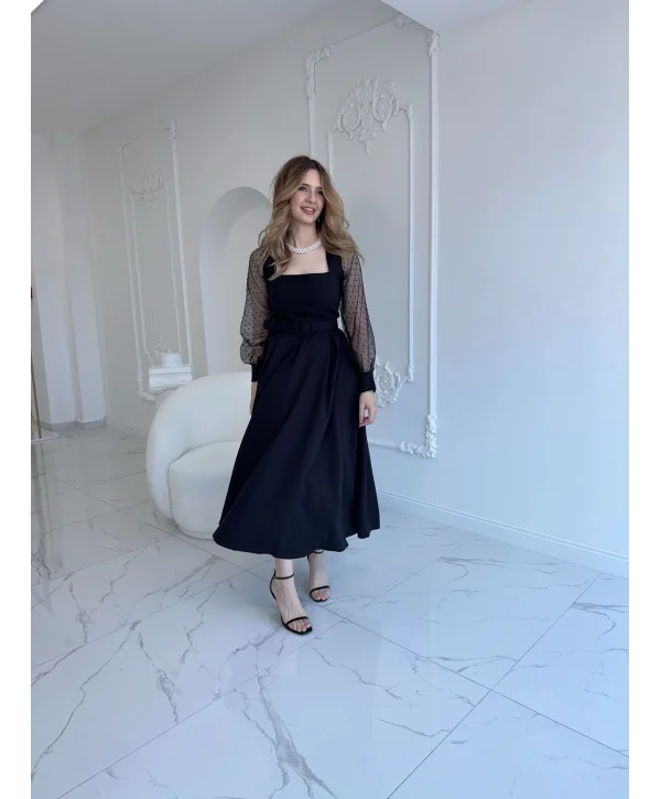 Organze Tül Puantiye Kol Siyah Elbise