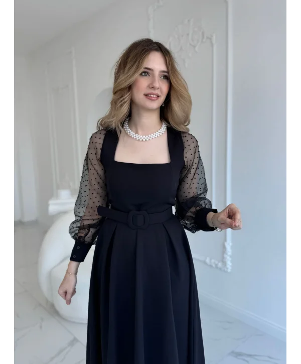 Organze Tül Puantiye Kol Siyah Elbise