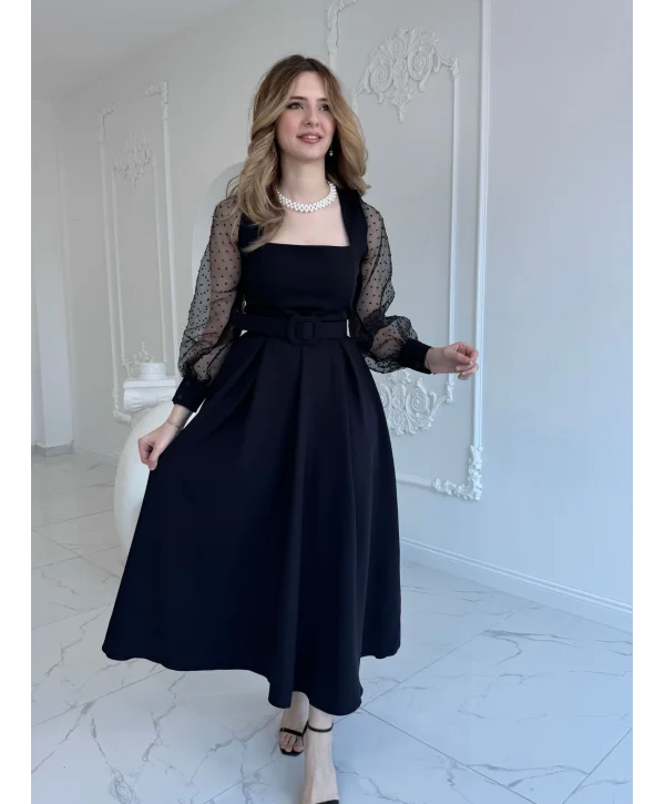 Organze Tül Puantiye Kol Siyah Elbise