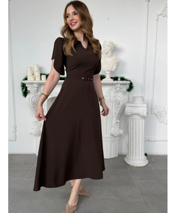 Özel Kol Tasarımlı Kemerli V Yaka Kahve Elbise
