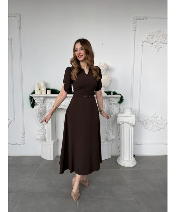 Özel Kol Tasarımlı Kemerli V Yaka Kahve Elbise