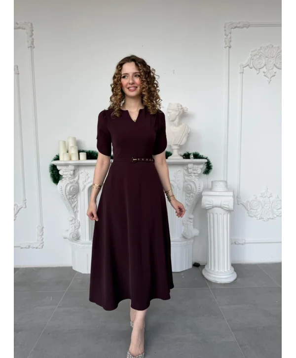 Özel Kol Tasarımlı Kemerli V Yaka Mürdüm Elbise