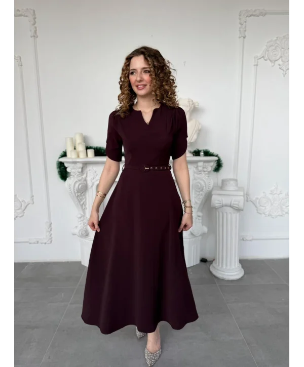 Özel Kol Tasarımlı Kemerli V Yaka Mürdüm Elbise