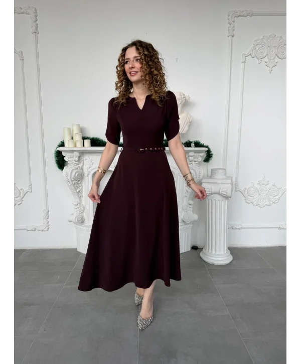 Özel Kol Tasarımlı Kemerli V Yaka Mürdüm Elbise