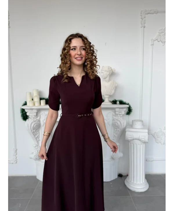 Özel Kol Tasarımlı Kemerli V Yaka Mürdüm Elbise