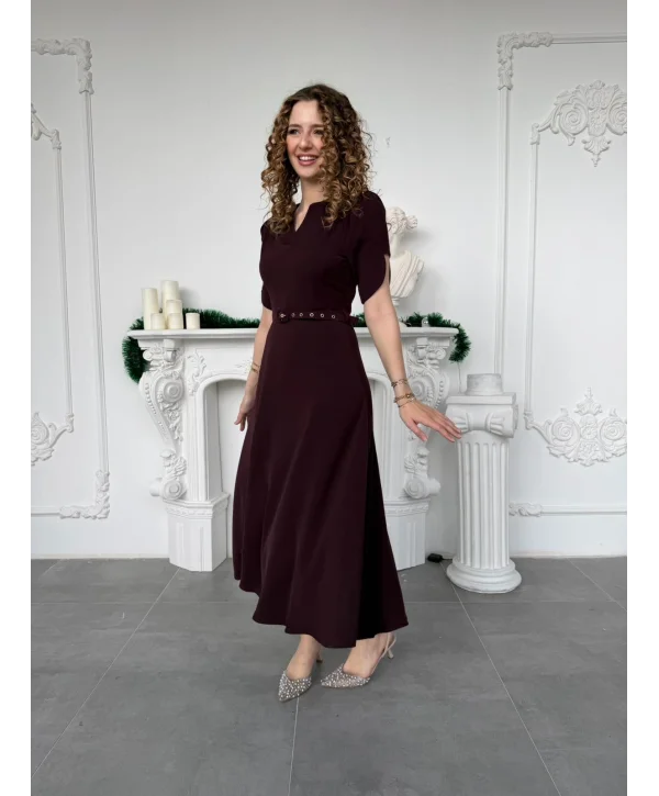 Özel Kol Tasarımlı Kemerli V Yaka Mürdüm Elbise