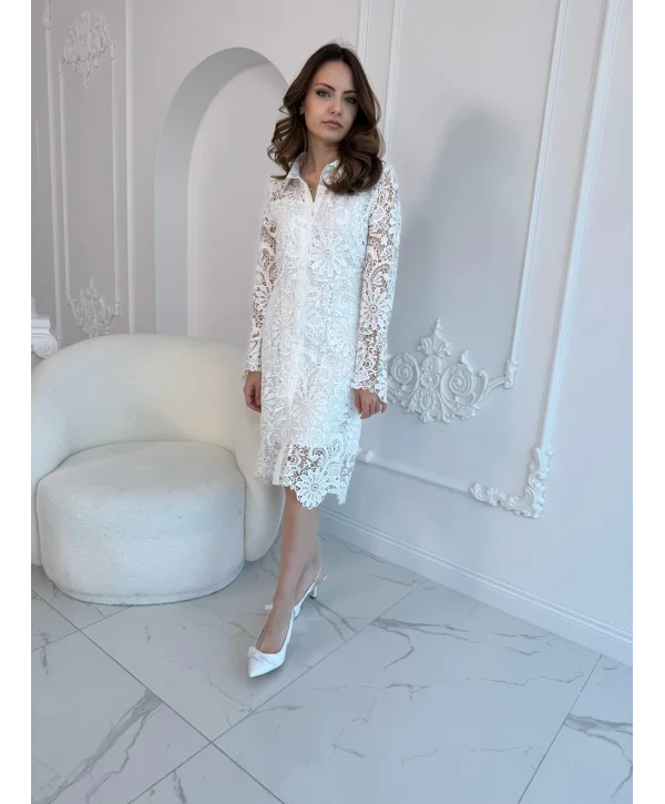 Özel Tasarım Güpür Detaylı Midi Boy Beyaz Elbise