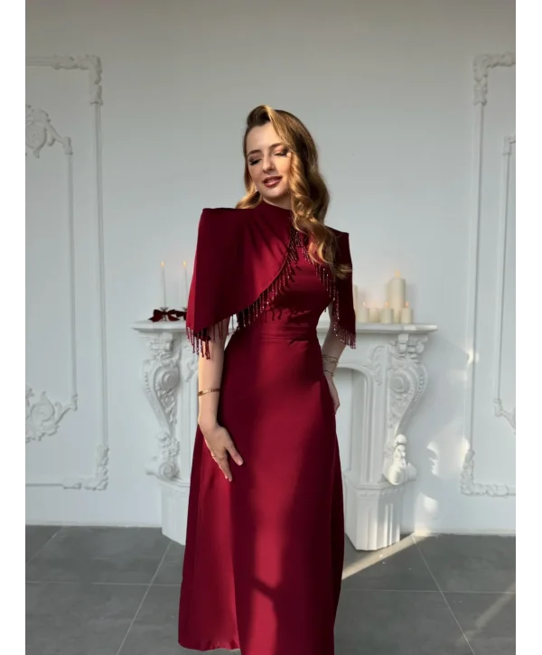 Özel Tasarım Taş İşleme Detaylı Bordo Abiye Elbise