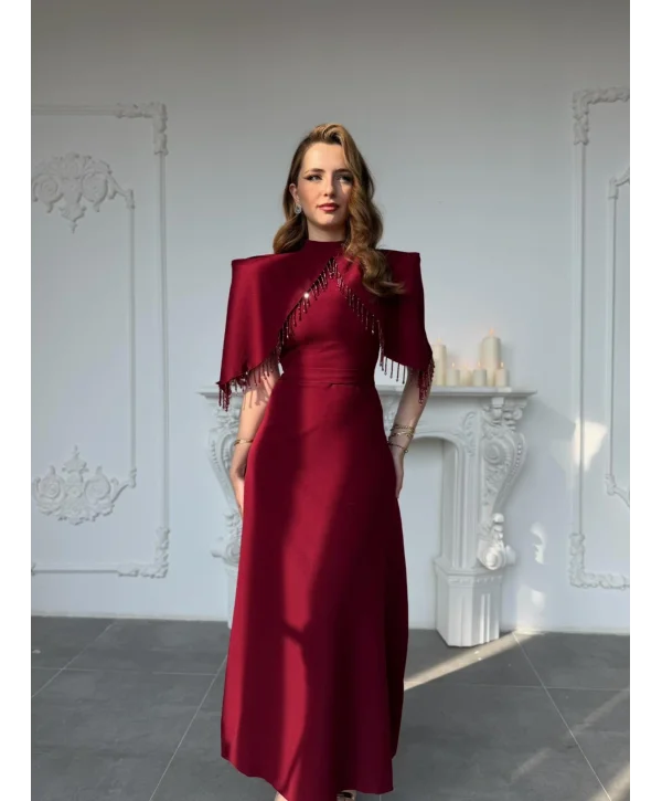 Özel Tasarım Taş İşleme Detaylı Bordo Abiye Elbise
