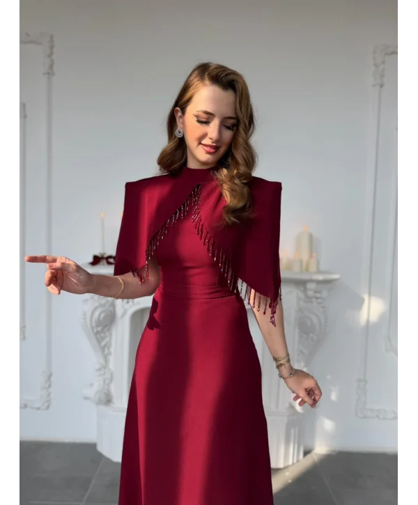 Özel Tasarım Taş İşleme Detaylı Bordo Abiye Elbise