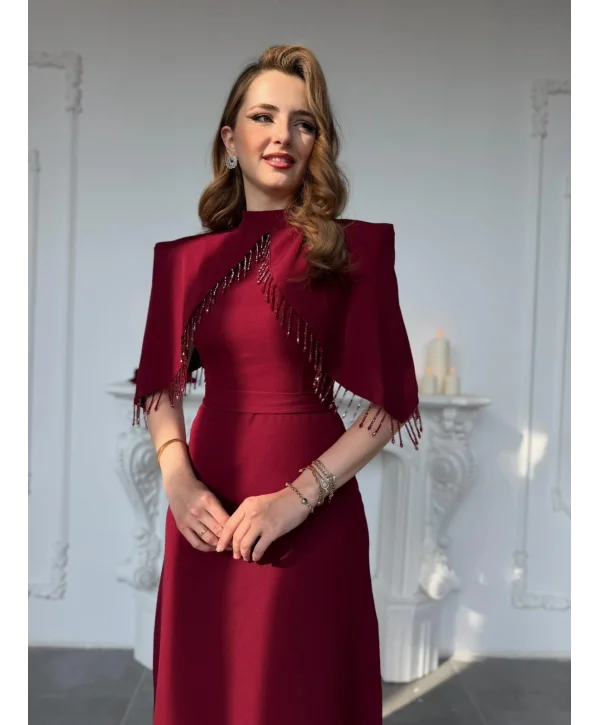 Özel Tasarım Taş İşleme Detaylı Bordo Abiye Elbise