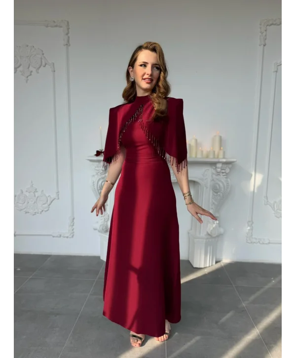 Özel Tasarım Taş İşleme Detaylı Bordo Abiye Elbise