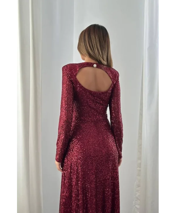 Parla Bordo Pul Parıltılı Midi Boy Elbise