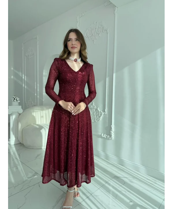 Parla Bordo Pul Parıltılı Midi Boy Elbise