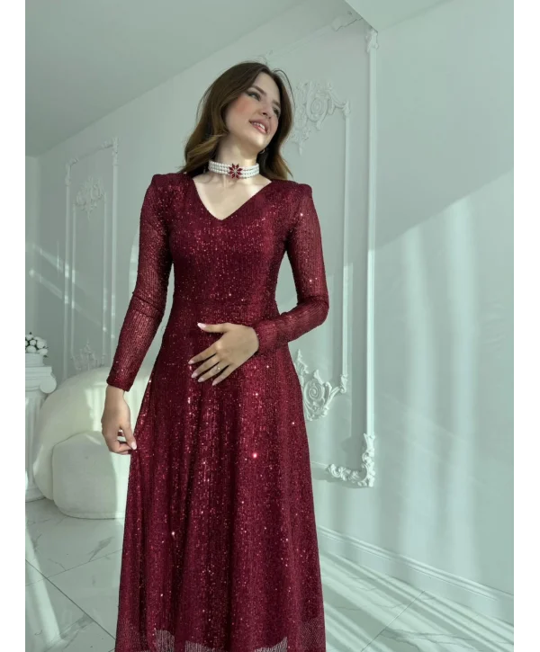 Parla Bordo Pul Parıltılı Midi Boy Elbise
