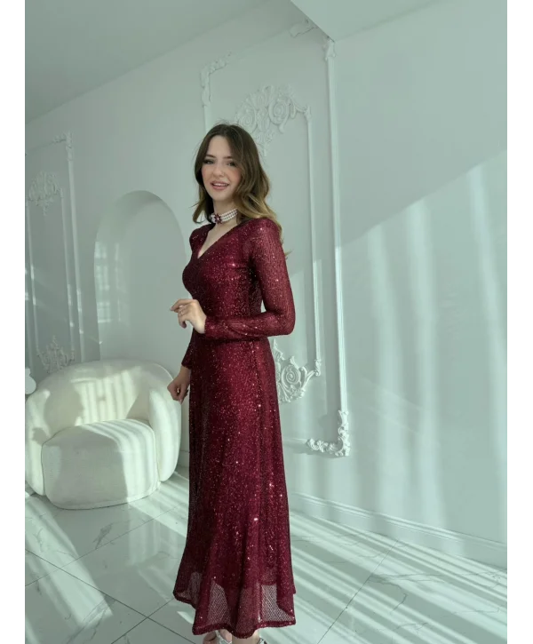 Parla Bordo Pul Parıltılı Midi Boy Elbise