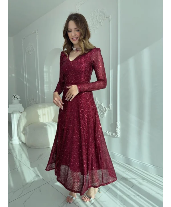 Parla Bordo Pul Parıltılı Midi Boy Elbise