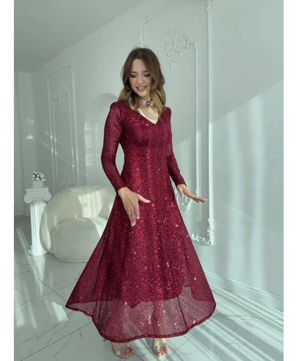 Parla Bordo Pul Parıltılı Midi Boy Elbise