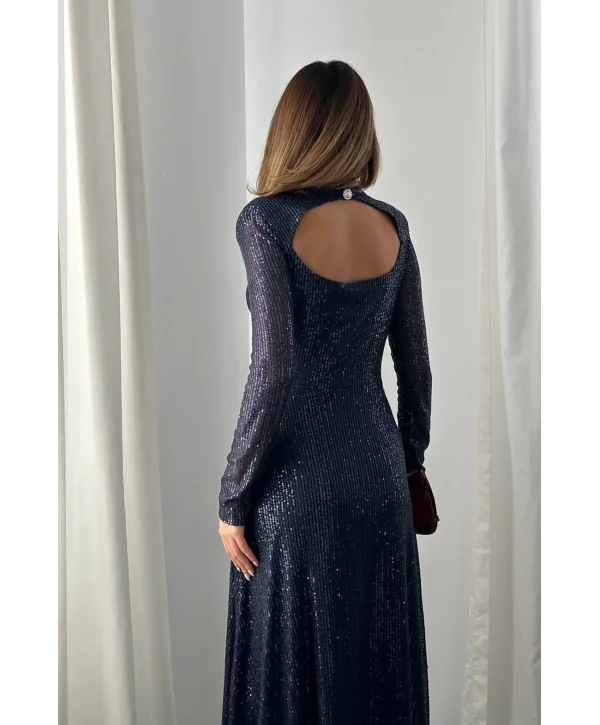 Parla Lacivert Pul Parıltılı Midi Boy Elbise
