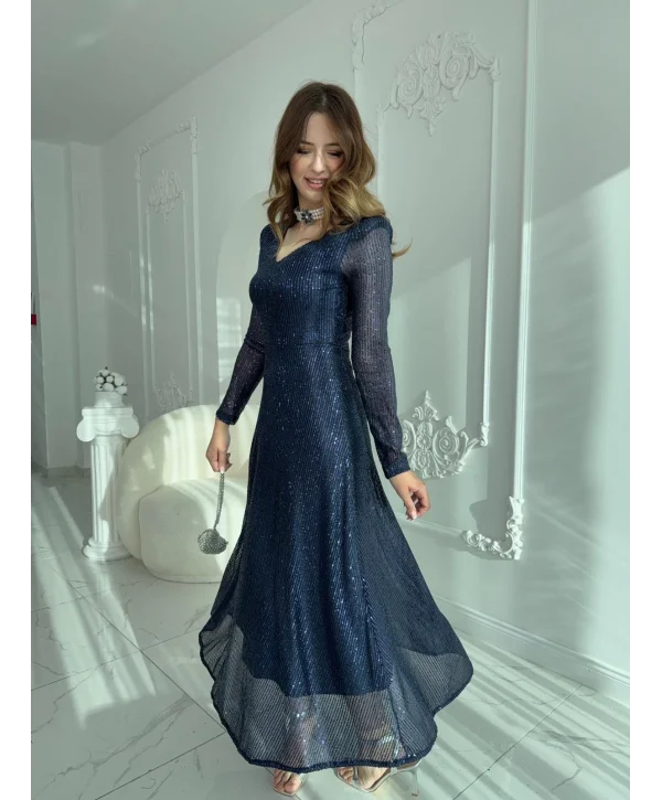 Parla Lacivert Pul Parıltılı Midi Boy Elbise